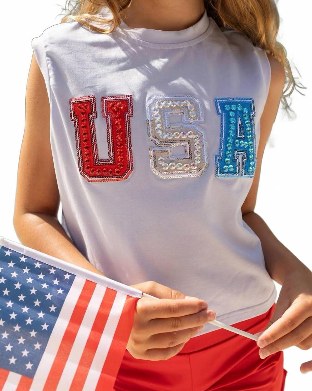 NEW BLENDED SPIRIT girls usa patch sleeveless tee in soft blue gray